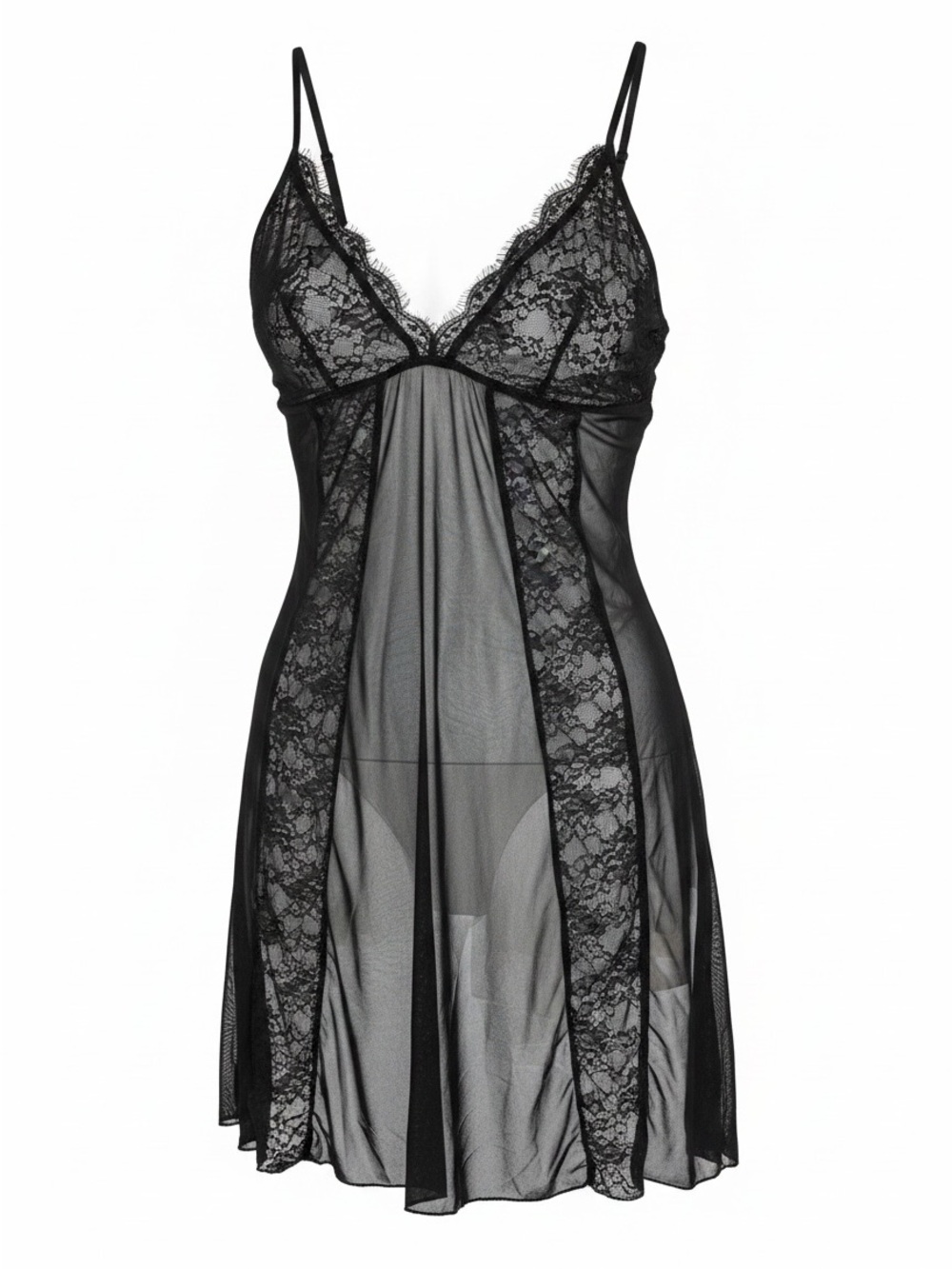 ROVE Black Lace & Mesh Chemise with Adjustable Straps